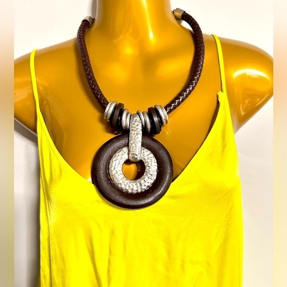 Artisan Necklace Brutalist Statement Brown Wood Ring Silver Tone Braided 3405 W - Picture 1 of 15